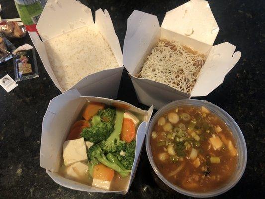 Take-out: Broccoli & steamed tofu (L) Mongolian beef (L) Hot & Sour Soup (L)