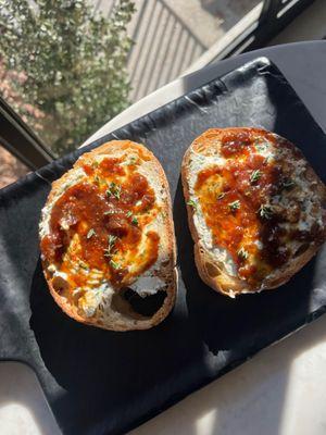 The Jessica Toast: Housemade Garlic-Herb Cream Cheese, Fig Jam and fresh thyme on Sourdough.