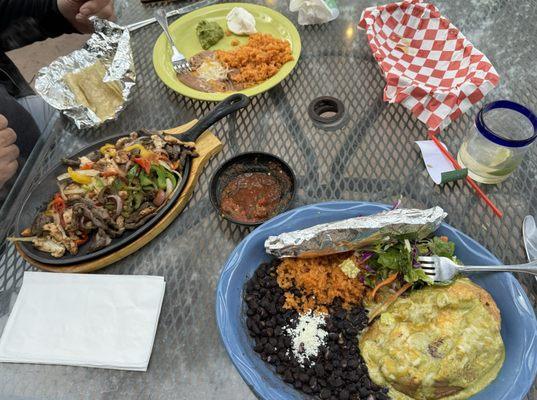 Steak and chicken fajitas and shrimp relleno