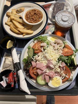 $7 Guest Meal: Chef salad, French Fries, Pinto Beans, Brownie, and Ice Tea.