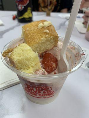 A custom mini concrete with vanilla custard, pound cake, and strawberries