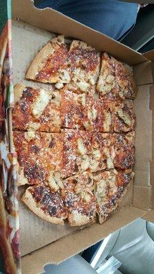 1 thin crust chicken and cheese pizza, was actually super delicious with great service!