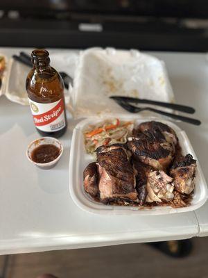 Got the Family Meal (2 for $22). Red Stripe Jamaican beer. The sauce has a nice immediate kick as soon as you try it. Loved it!