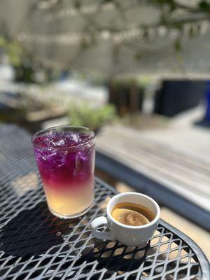 Mid bike ride boost and refresh!   Lemonade with butterfly pea flower and lavender and a shot of espresso.