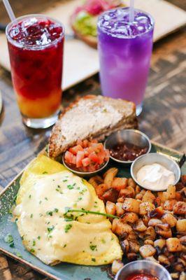 Ham & Gruyere Omelette w/ potatoes, Morning Meditation, & Purple Haze