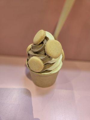 New soft serve ice cream swirled with frozen hot chocolate and vanilla bean macaron. Topped w/ waffle cone macarons