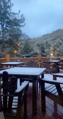 Lodge patio in the snow