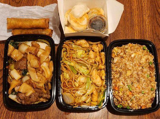 Beef Chow fun, Chicken Chow mein, BBQ Pork fried rice, eggs rolls, and Pan Fried Gyozas