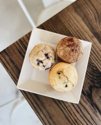 Chocolate chip muffin, Blueberry muffin and Cinnamon Apple muffins