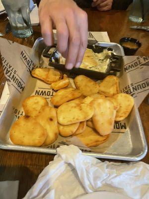 Beer battered shrimp and Spinach & Artichoke Dip.