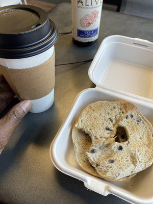 Hot Matcha Latte with Almond Milk, along with a blueberry bagel