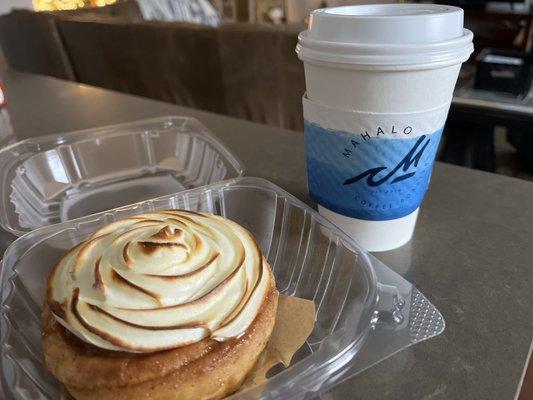 Cinnamon roll and an Americano coffee