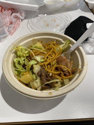 noodles, chicken terriyaki, beef bulgogi, pineapples, lettuce