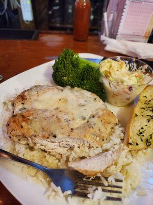 Gorganzola chicken with rice broccoli and side salad. Flavor was great. Chicken a little dry.