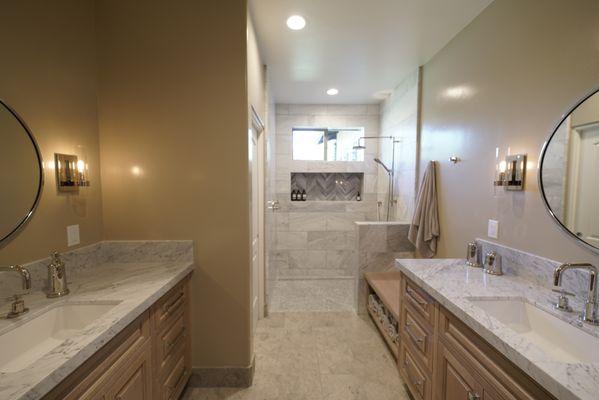 Quartz Double Vanity with Shower Bathroom