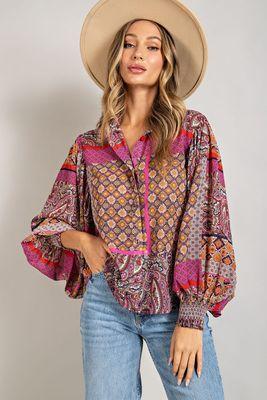 ee:some Hot Pink And Red Boho Puff Sleeve Top