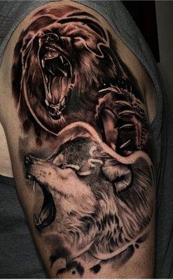 Wolf and bear ink. Bear still healing at this point