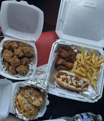 Sample plate w/ side of gizzards and chicken egg rolls