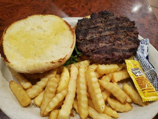 Burger with fries $8.99. Cheeseburger is the same price.