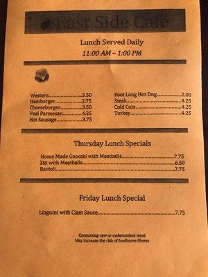 Lunch menu as of Aug. 2017