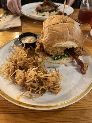 Buttermilk chicken sandwich with onion straws