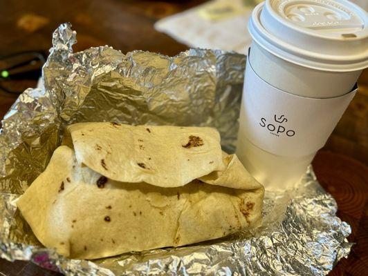 Latte and breakfast burrito