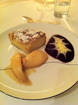 Mallorcan almond cake with poached pears