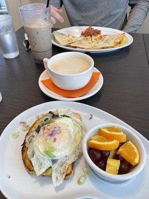 Avocado tartine (made dairy free without sour cream) and above is the house quesadilla. We also got chai lattes!