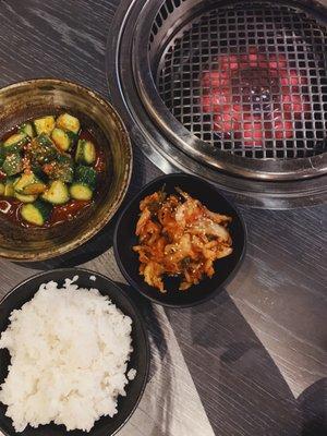 A la carte: Spicy addicting cucumber, Hakusai Kimchee, steamed rice