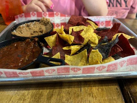 Chips and Salsa with bean dip