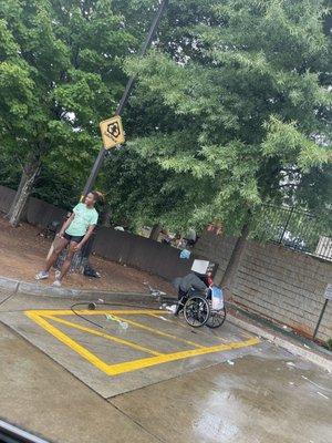 This is by the air pump, you can't even get air for your tires because a guy in a wheelchair is in front of the pump.