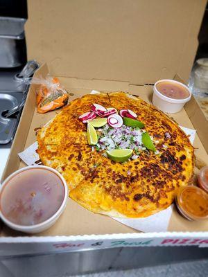 Our 16" inch Pizza  Birria  serve with 2 consomes