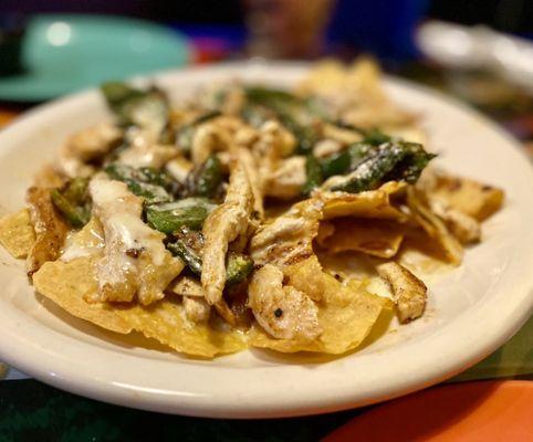 Grilled jalapeño & cheesy Chicken nachos. YUM! get it :)...