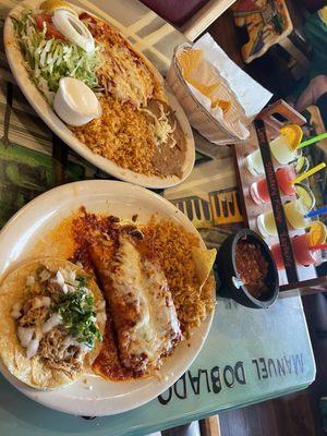 Enchiladas, rice beans and soft taco