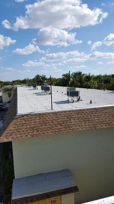 Flat reroof and dimensional shingle mansard.