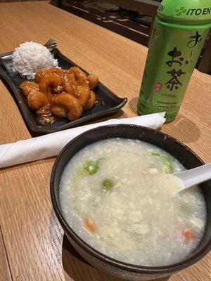 Egg drop soup, shrimp with rice and green tea