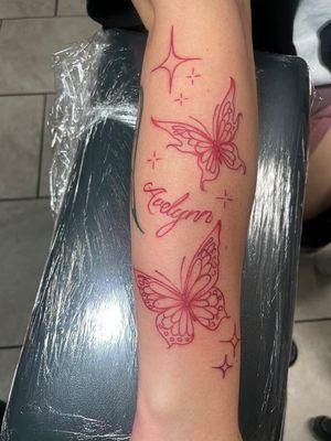 Tattoo, butterfly, red  ARTIST- BEAVIN @_ROSEMONSTER ON IG