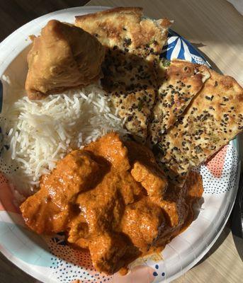 Butter Chicken, Garlic Naan, Samosa