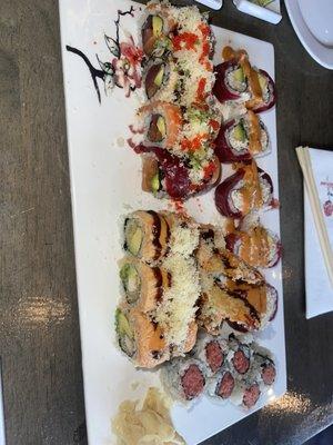 Top Left: passion roll; Bottom Left: tiger roll; Bottom Right: American dream roll; Top Right: spicy tuna roll