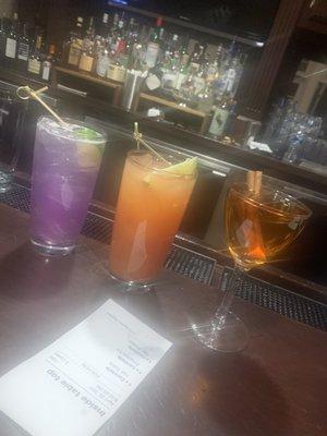 From left to right: Empress Ice Gin Cocktail, Bay Breeze Vodka Cocktail, and a Spring Tide Toddy Whiskey Cocktail