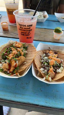 Spicy fried chicken & picadillo tacos. Watermelon jalapeño Margarita.