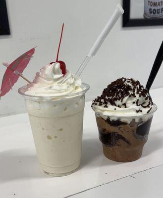 Chocolate brownie sundae and coconut pineapple shake from Tabitha's ice cream parlor in Fairfield