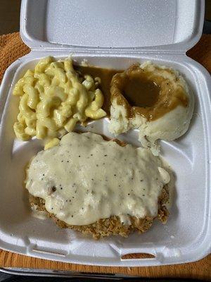 Chicken fried chicken mashed potatoes and mac in cheese