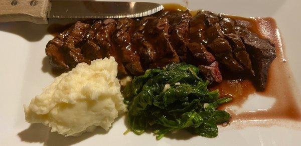 Hanger Steak with sautéed spinach and yukon gold mashed potatoes