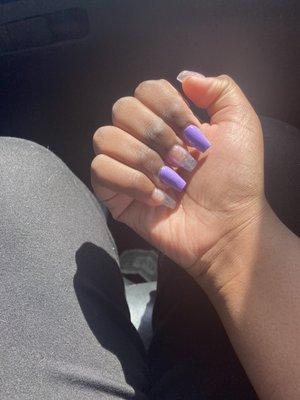 Purple coffin shaped nails with glitter