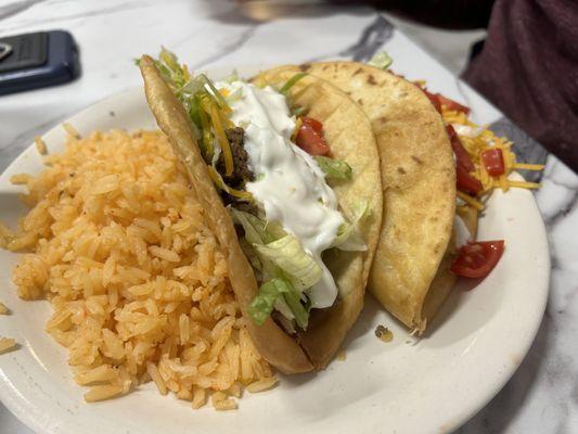 Hard shell beef and chicken tacos with rice