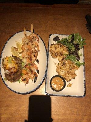 Crab cakes and Grilled shrimp skewers