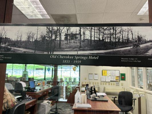 Inside with a picture of the old and gone Cherokee Springs Hotel!