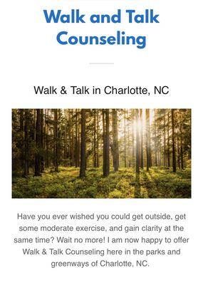 Walk and Talk Therapy on paths, trails, and greenways of Charlotte. Get outdoors, enjoy nature, and process your swirling thoughts.