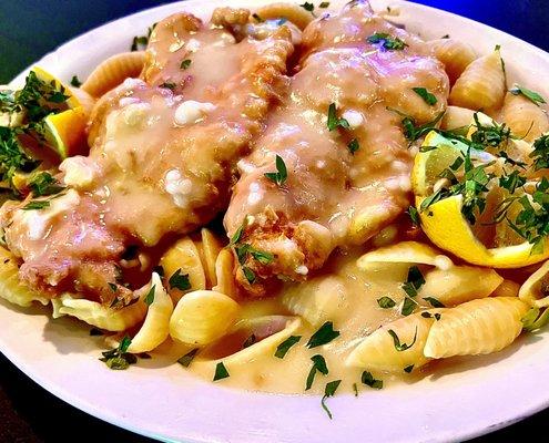 Chicken francese over shells